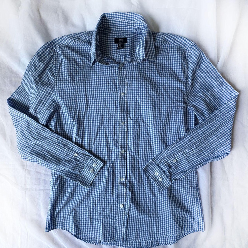H&M Men's Size XL Easy Iron Slim Fit Long Sleeve Blue Print Button Down Shirt